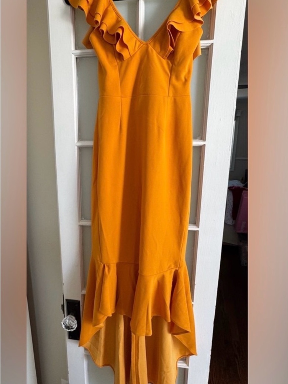 Asymmetrical Ruffle V-Neck Dress in Mustard